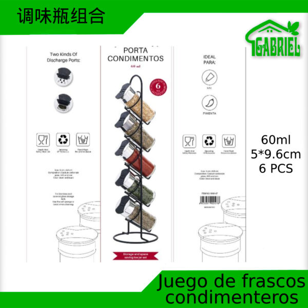 Conjunto de 5 Frascos para Condimentos 60ml 5x9.6 cm más Soporte 6 PCS