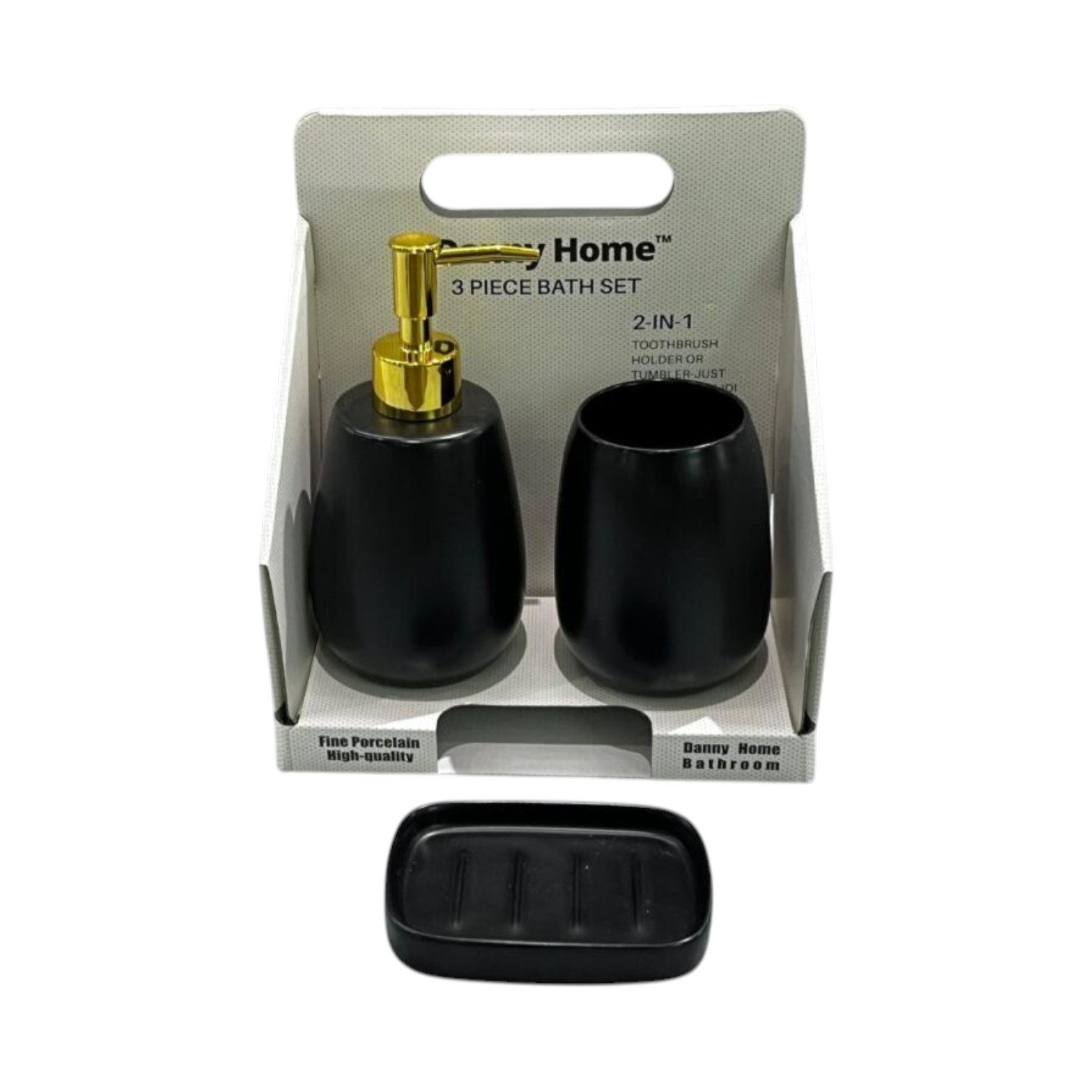 Set de Accesorios para Baño de Cerámica 3 Piezas con Dispensador de Jabón – Negro