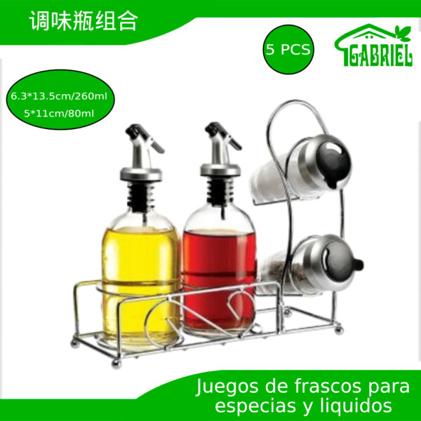 Set de 5 PCS de Frascos para Condimentos y Aceites 6.3x13.5 cm 260 ml - 5x11cm 80ml más Soporte