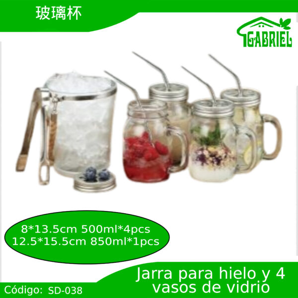 Kit de Servicio de Bebidas Jarra para Hielo (850 ml) y 4 Vasos de Frasco (500 ml)