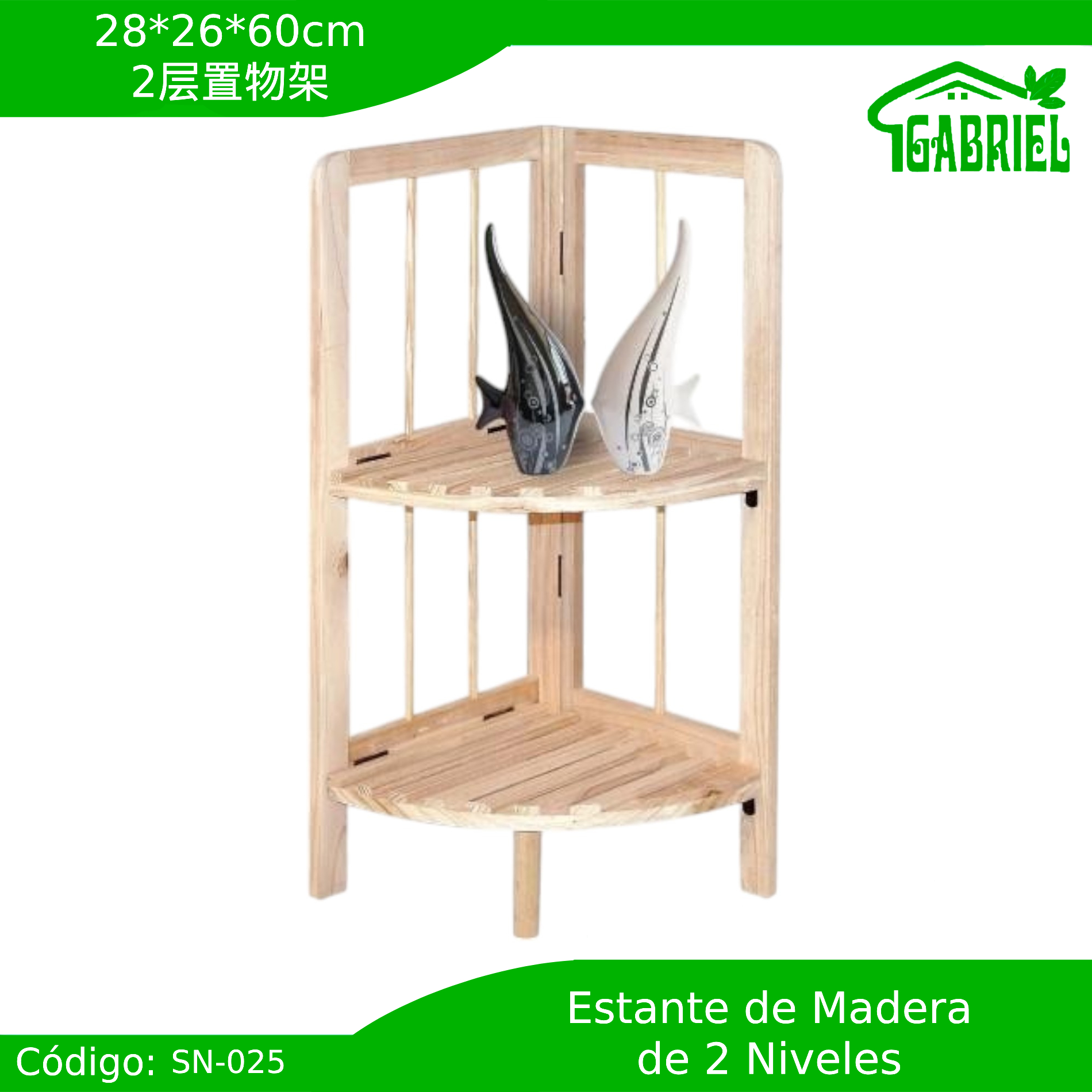 Estante Esquinero de Madera 2 Niveles 28x26x60 cm