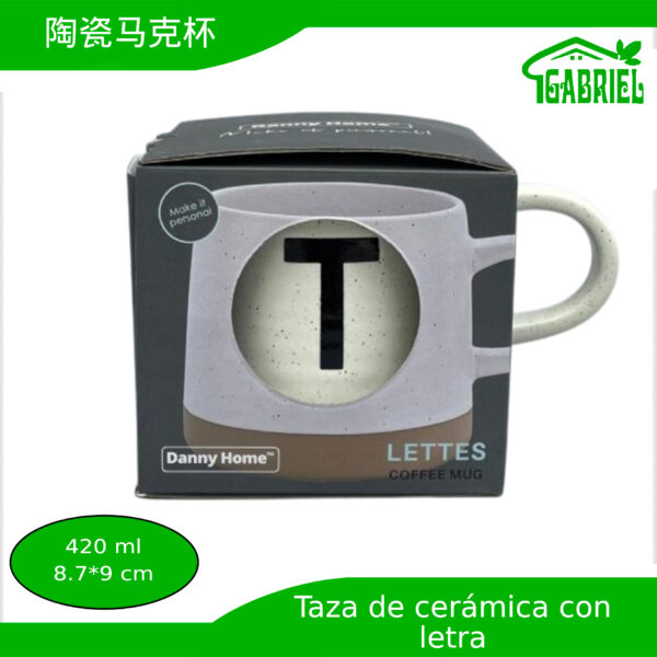 Taza de Cerámica con Diseño de Letra T 8.7x9 cm 420 ml