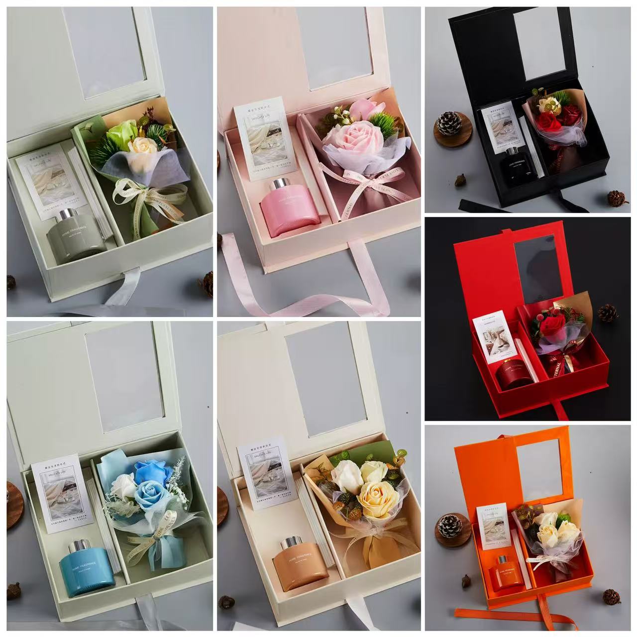 Aromatizador con Difusor en varillas y Rosas de Jabón con Caja de Regalo – Rosado