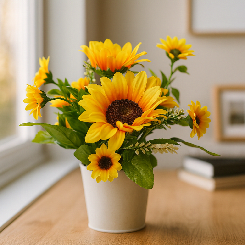 Maceta Decorativa de Plástico con Girasoles Artificiales – Estilo Rústico
