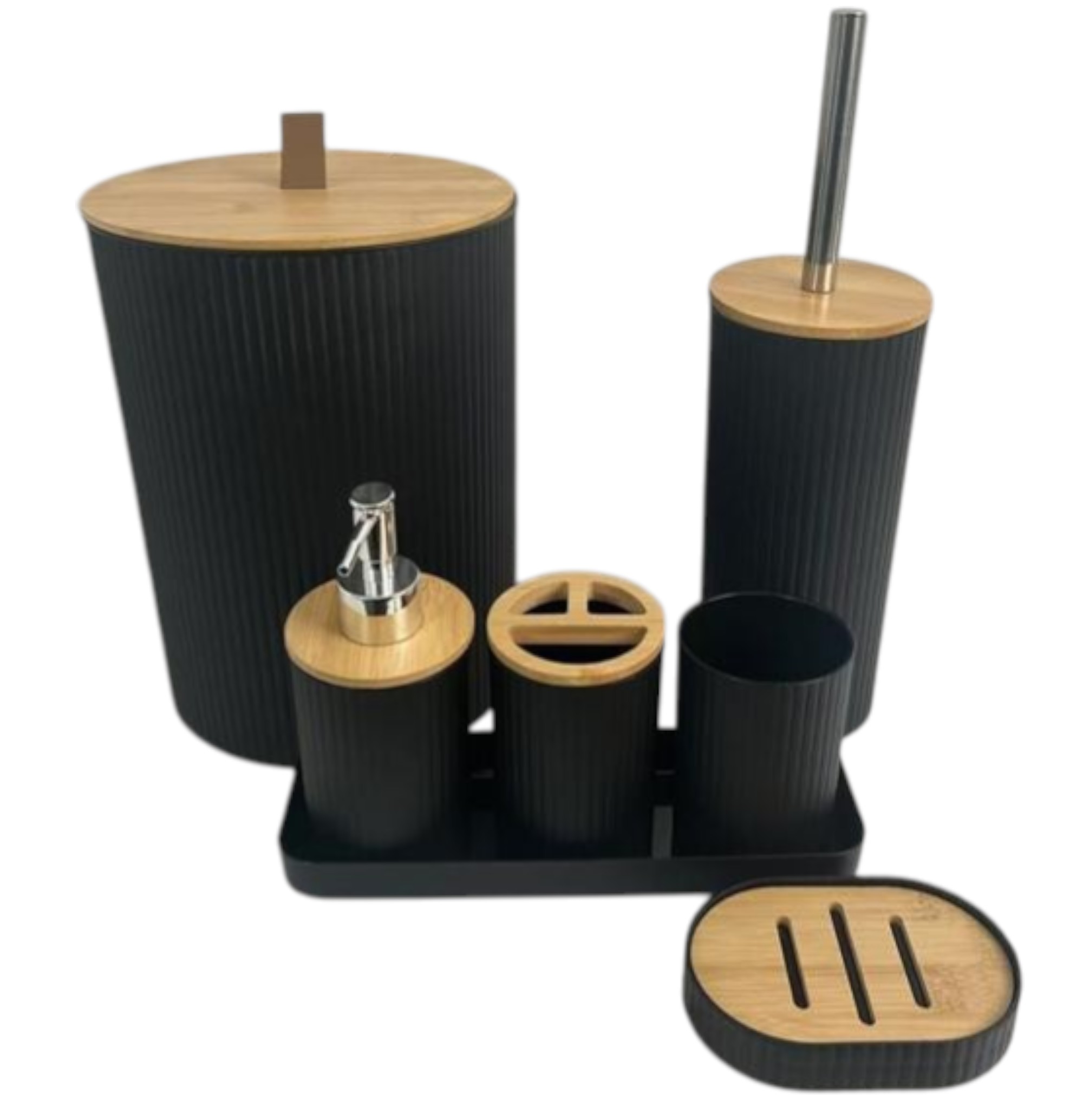 Set de Baño 7 Piezas Negro con Detalles en Bambú  – Estilo Moderno