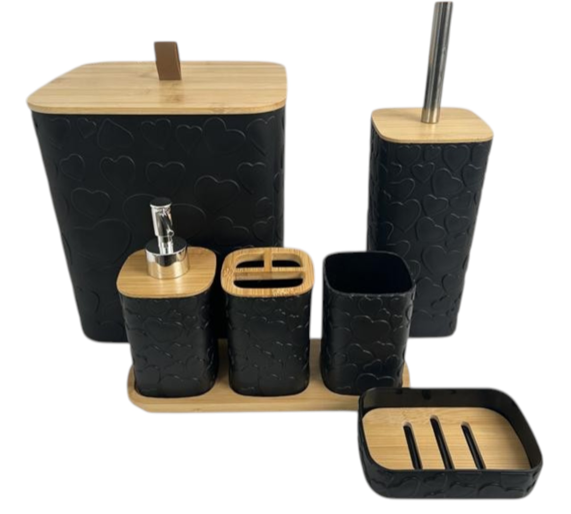 Set de Baño 7 Piezas con Detalles de Bambú – Diseño Negro con Detalles de Corazón