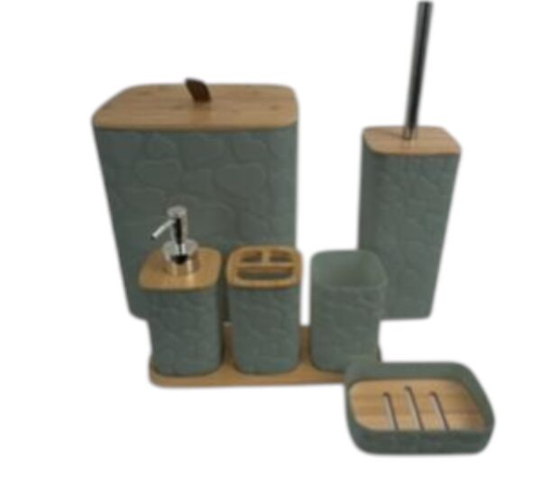 Set de Baño 7 Piezas con Detalles de Bambú – Diseño Gris con Detalles de Corazón