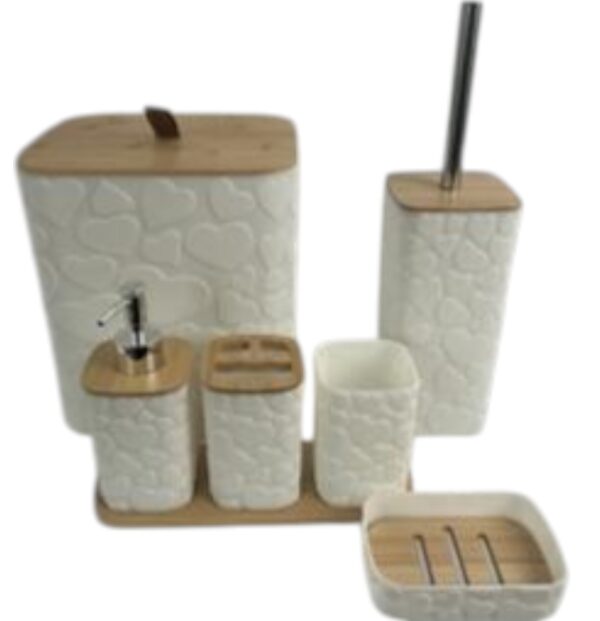 Set de Baño 7 Piezas con Detalles de Bambú – Diseño Blanco con Detalles de Corazón