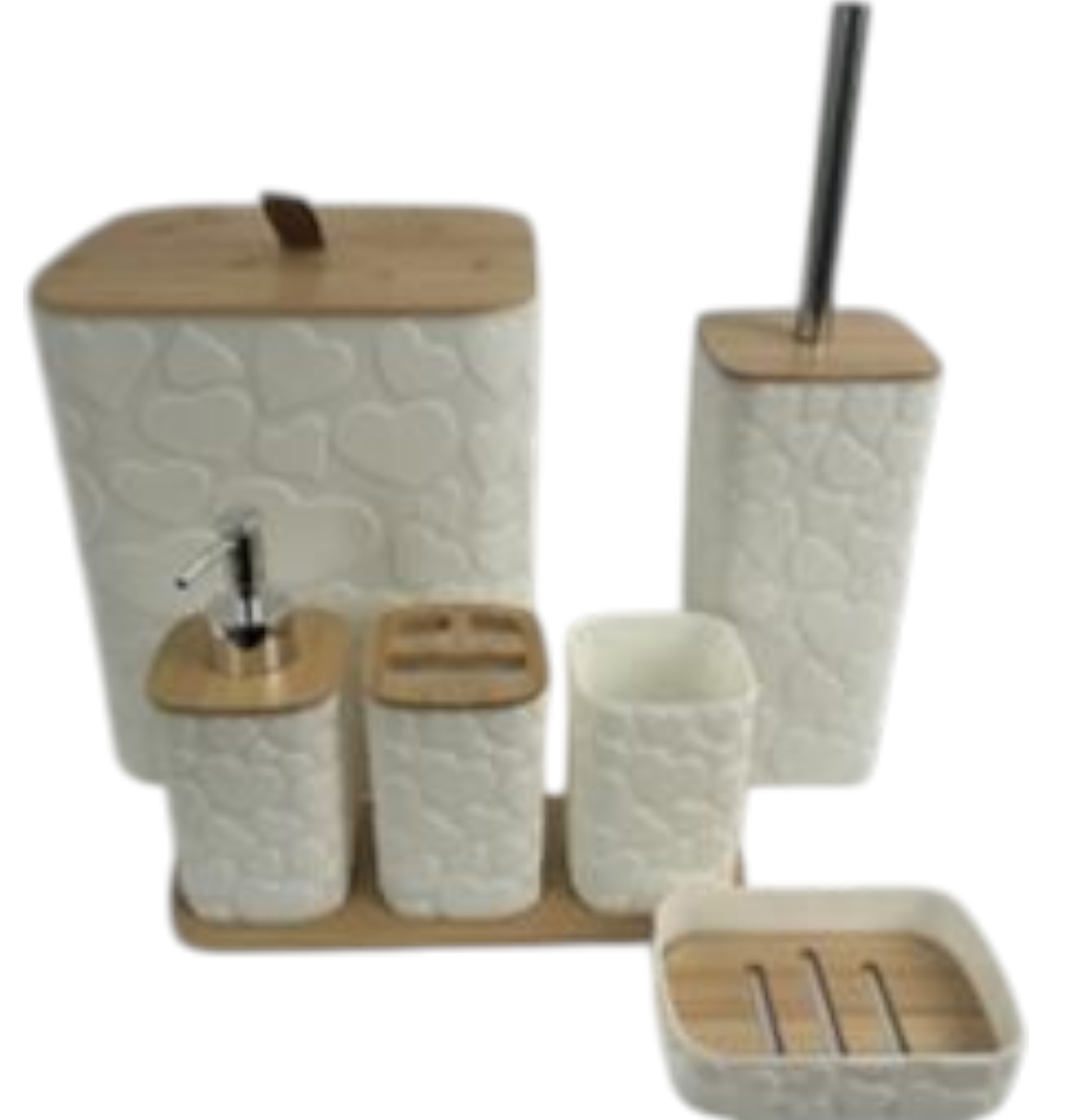 Set de Baño 7 Piezas con Detalles de Bambú – Diseño Blanco con Detalles de Corazón