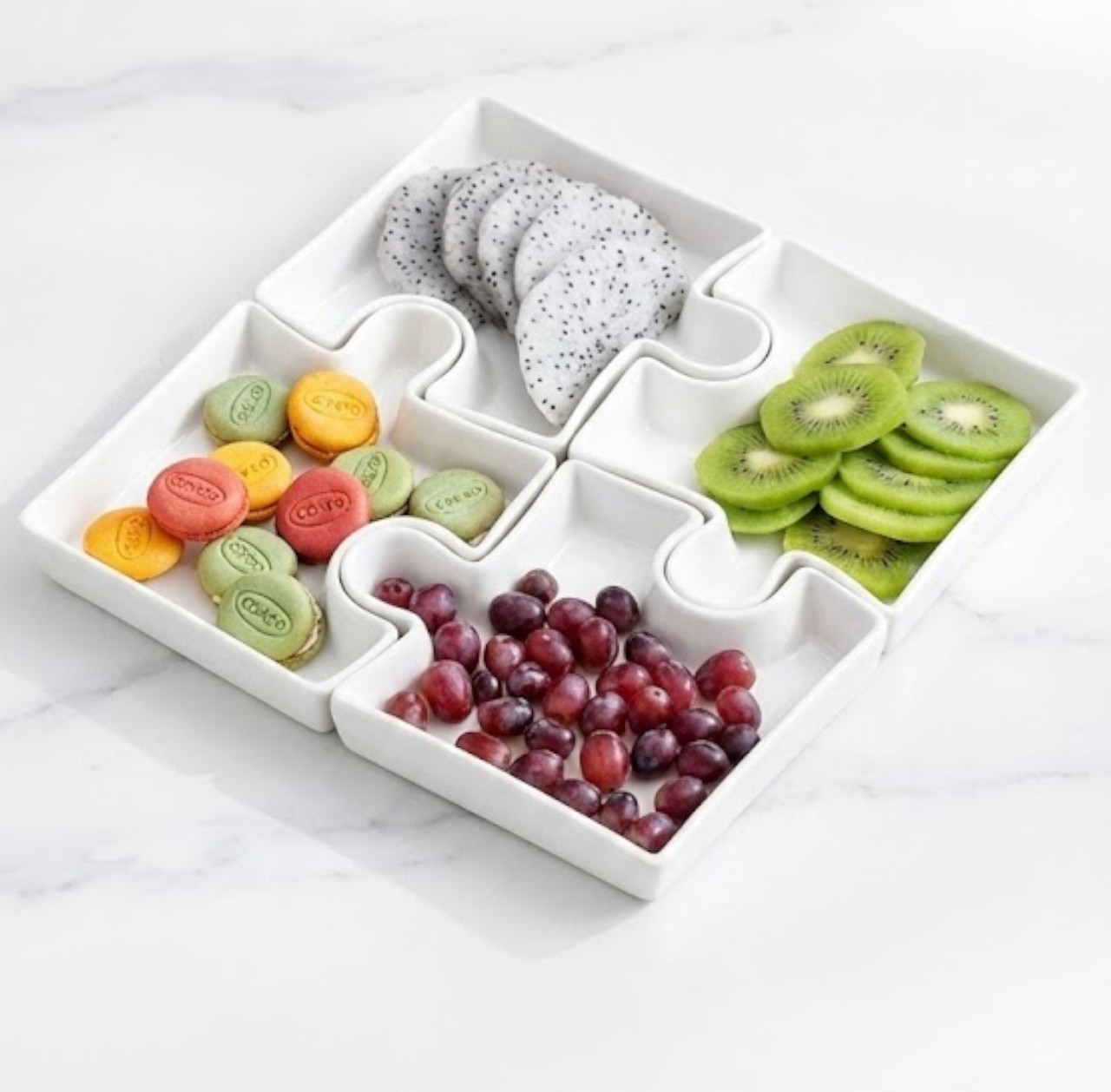 Set de 4 Platos de Porcelana Blanca Tipo Rompecabezas 20x15x3 cm – Vajilla Decorativa Moderna