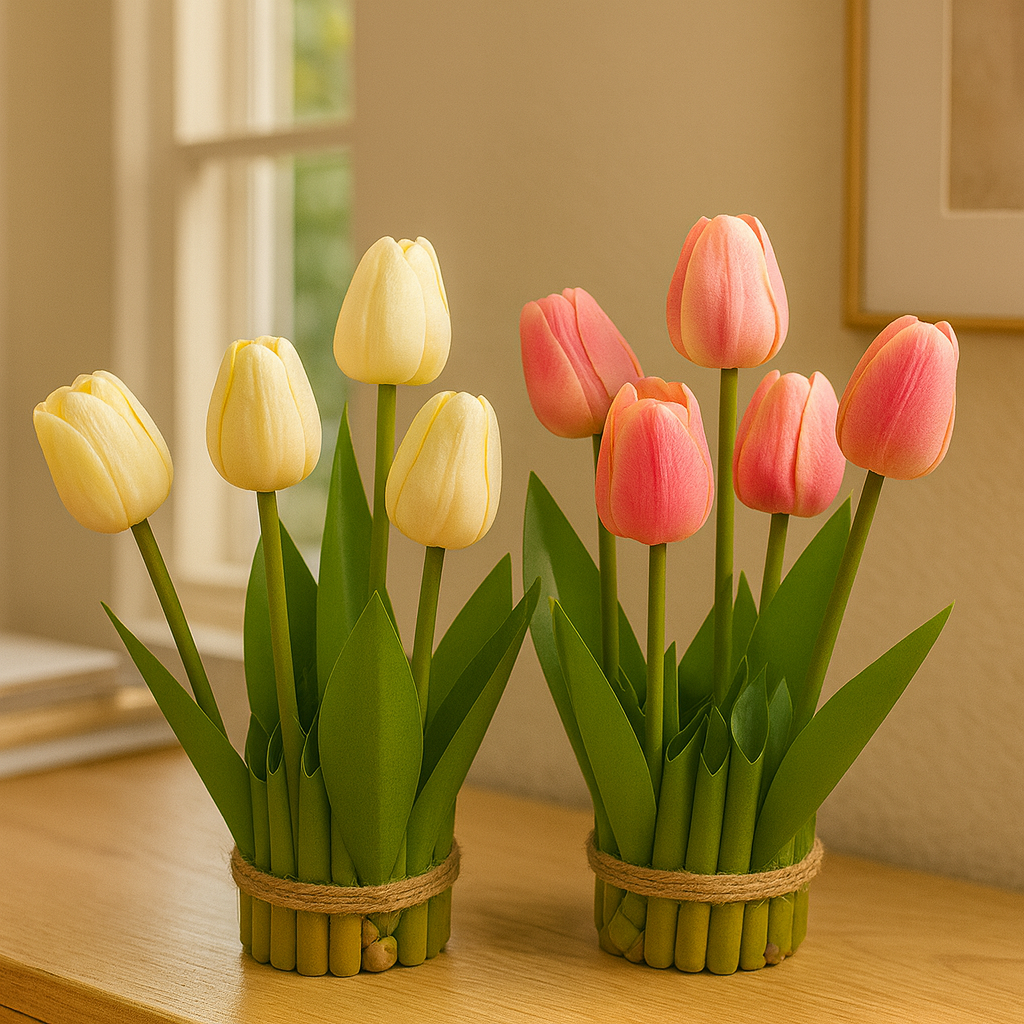 Maceta Decorativa de Plástico con Tulipanes Artificiales – Estilo Natural para el Hogar u Oficina