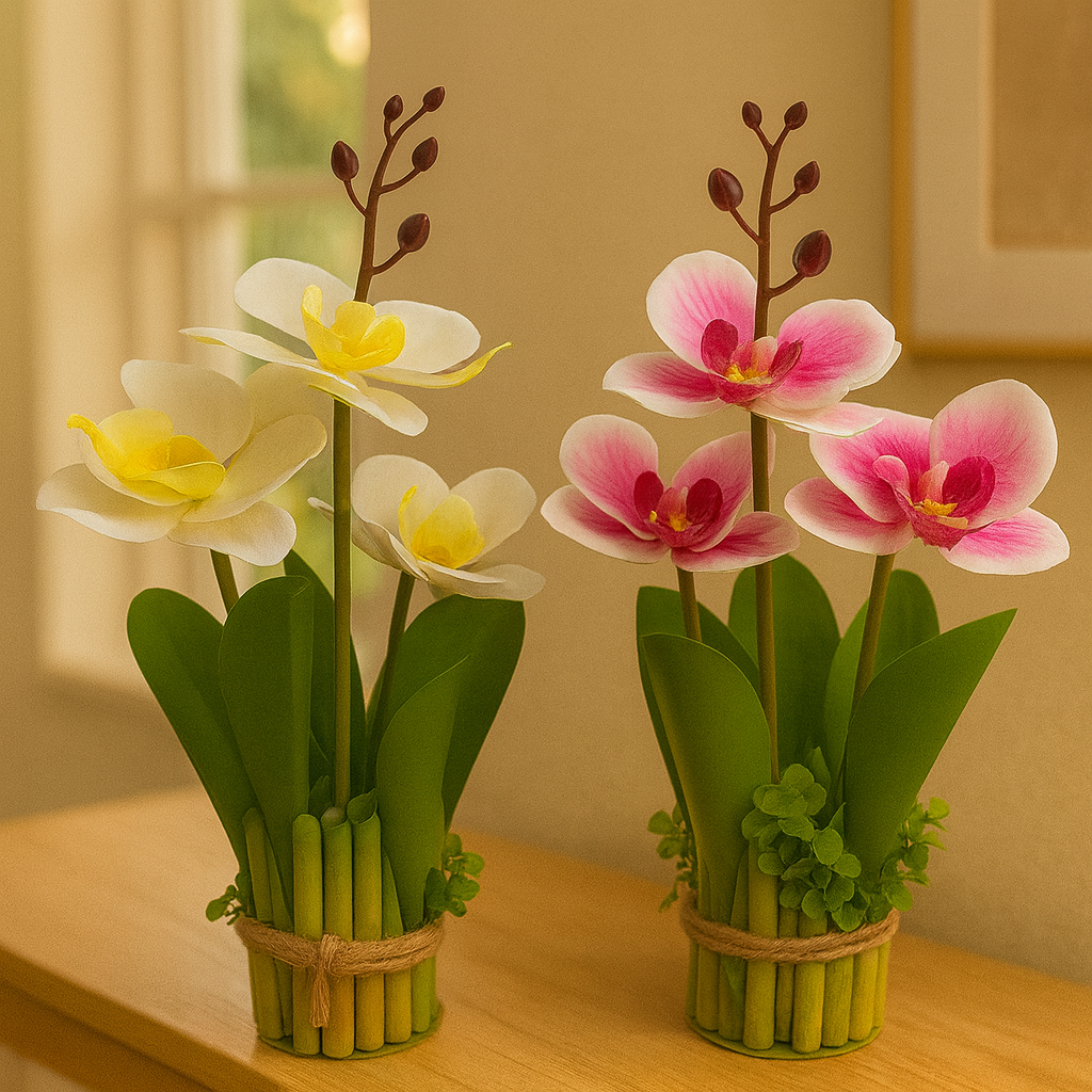 Maceta de Plástico con Orquídea Mariposa Artificial – Decoración Compacta y Elegante