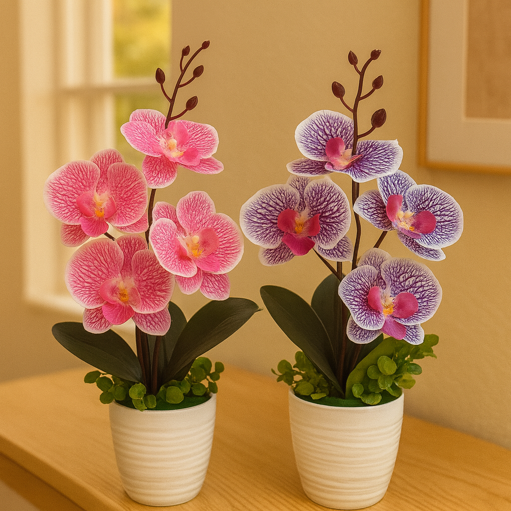 Maceta de Plástico con Orquídea Artificial de Tallo Alto – Decoración Elegante Tipo Phalaenopsis