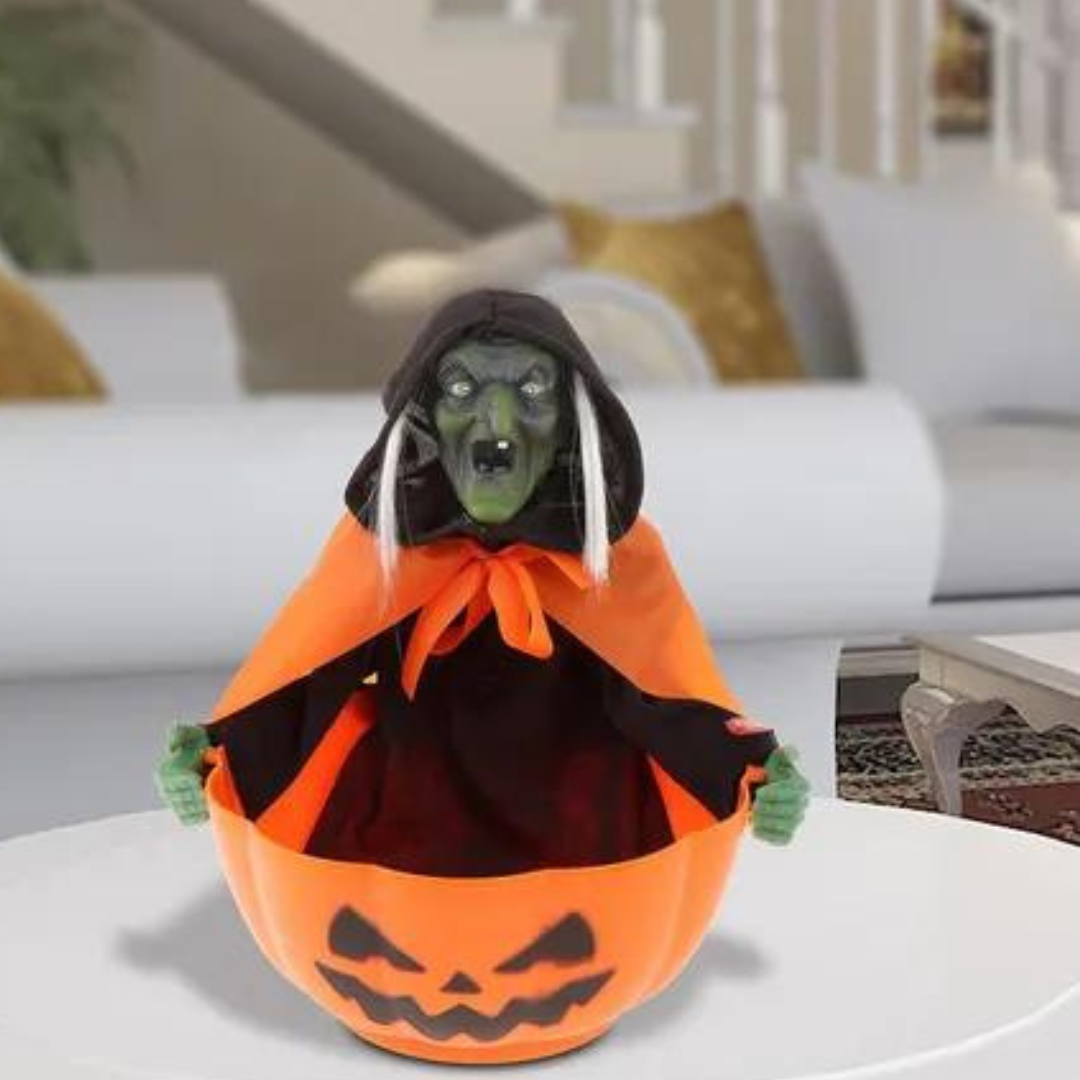 Bruja con Bandeja de Calabaza – Decoración Funcional para Halloween