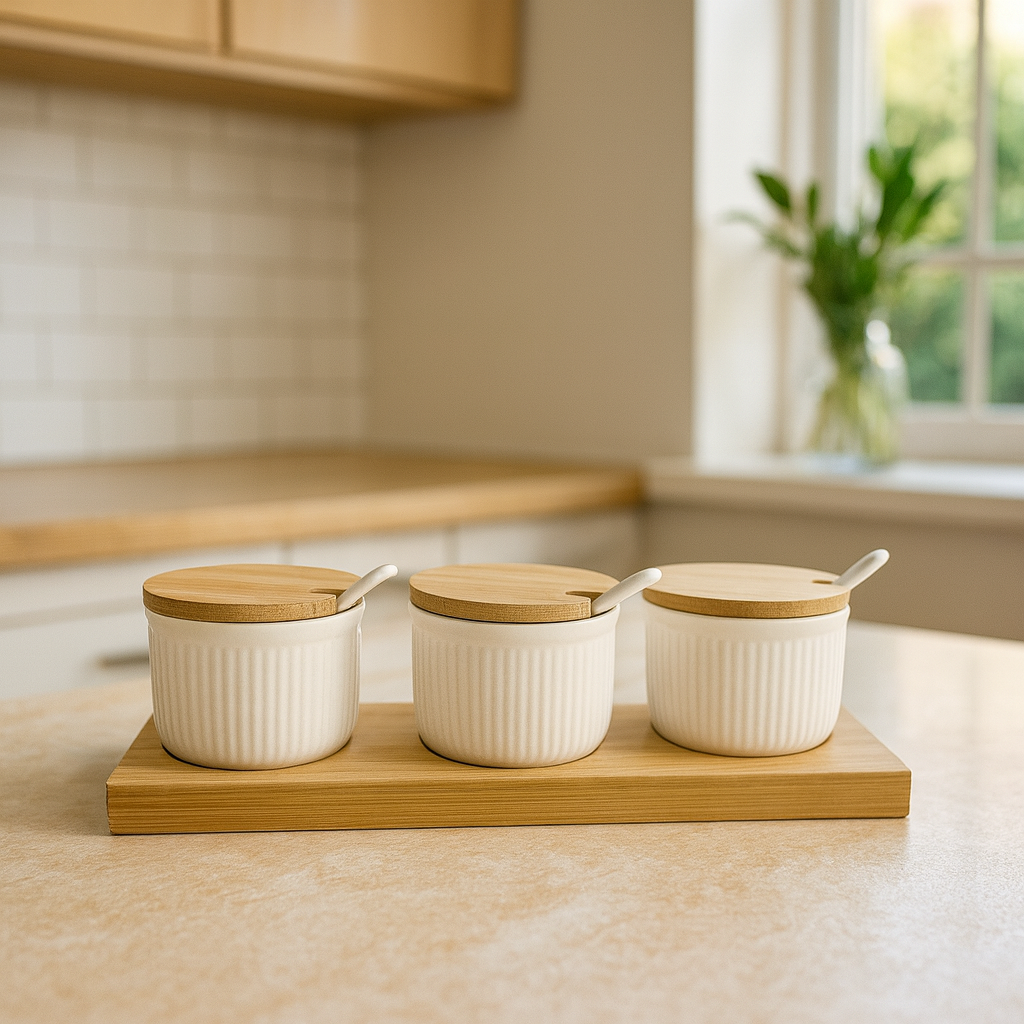 Set de Frascos de Condimento con Base de Madera – Porcelana 10×7 cm