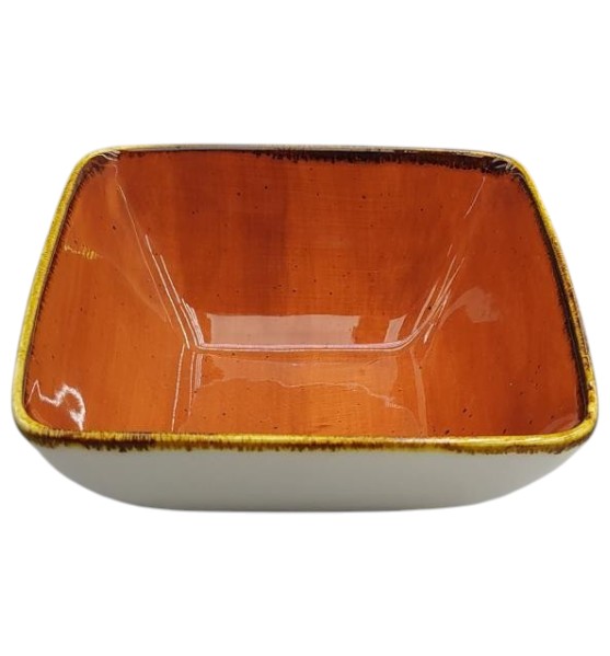 Bowl de Porcelana Cuadrado 14×6 cm – Set Vajilla Naranja Rústico con Detalle Dorado