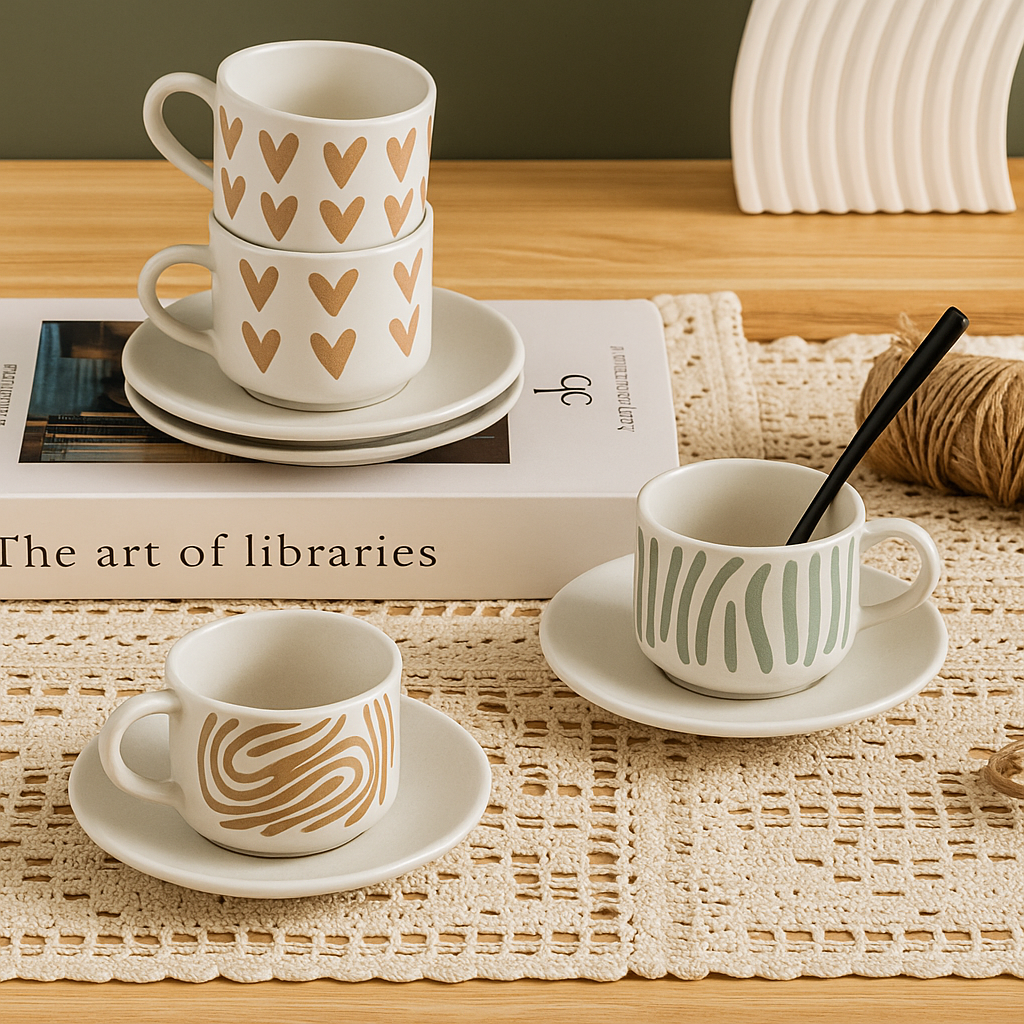 Set de 6 Tazas de Café de Porcelana 80 ml con Platos 12 cm