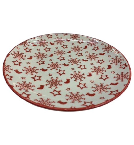 Plato de Porcelana – Set Platos Navideños Copos y Estrellas Rojas