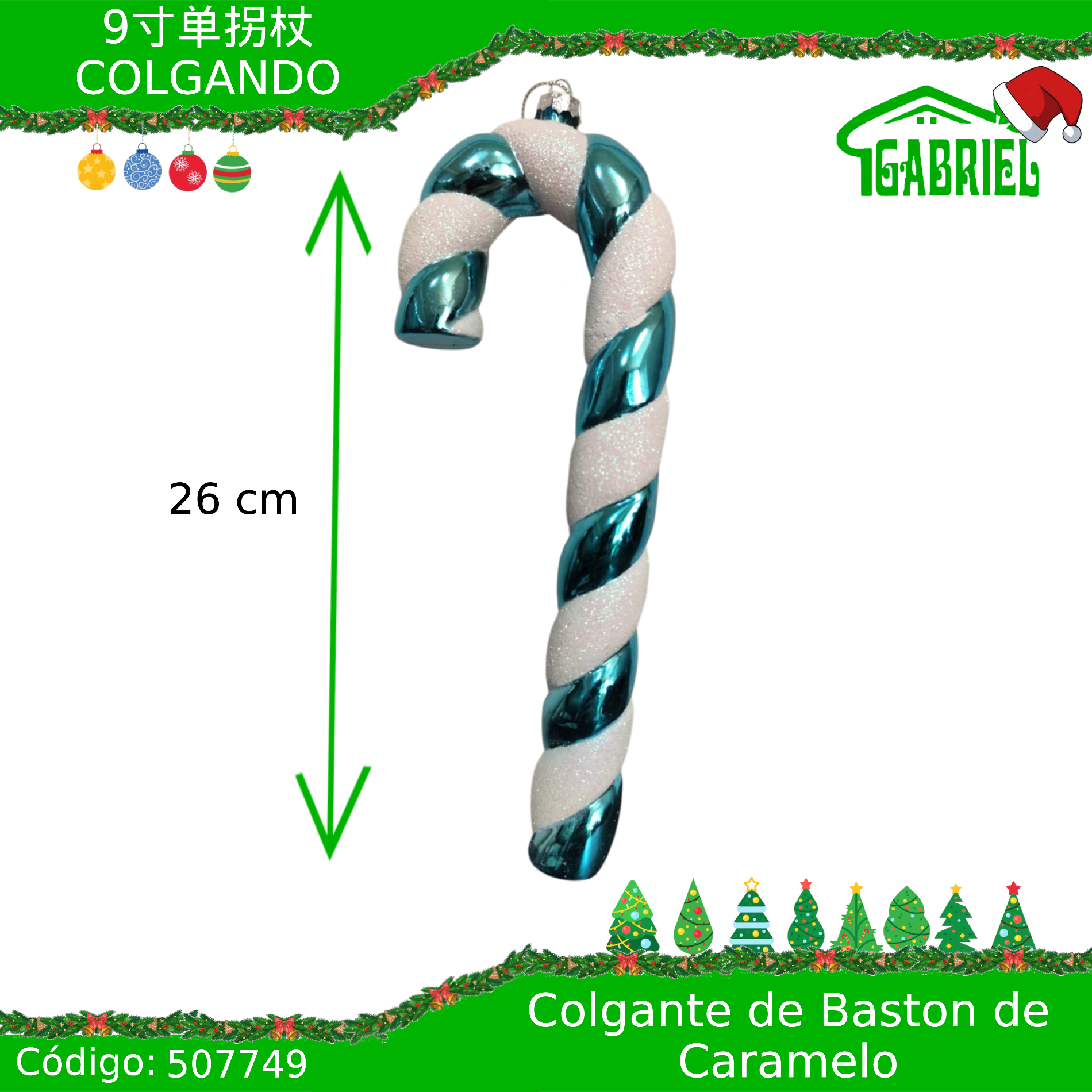 Colgante para Árbol de Navidad – Bastón de Caramelo 26 cm