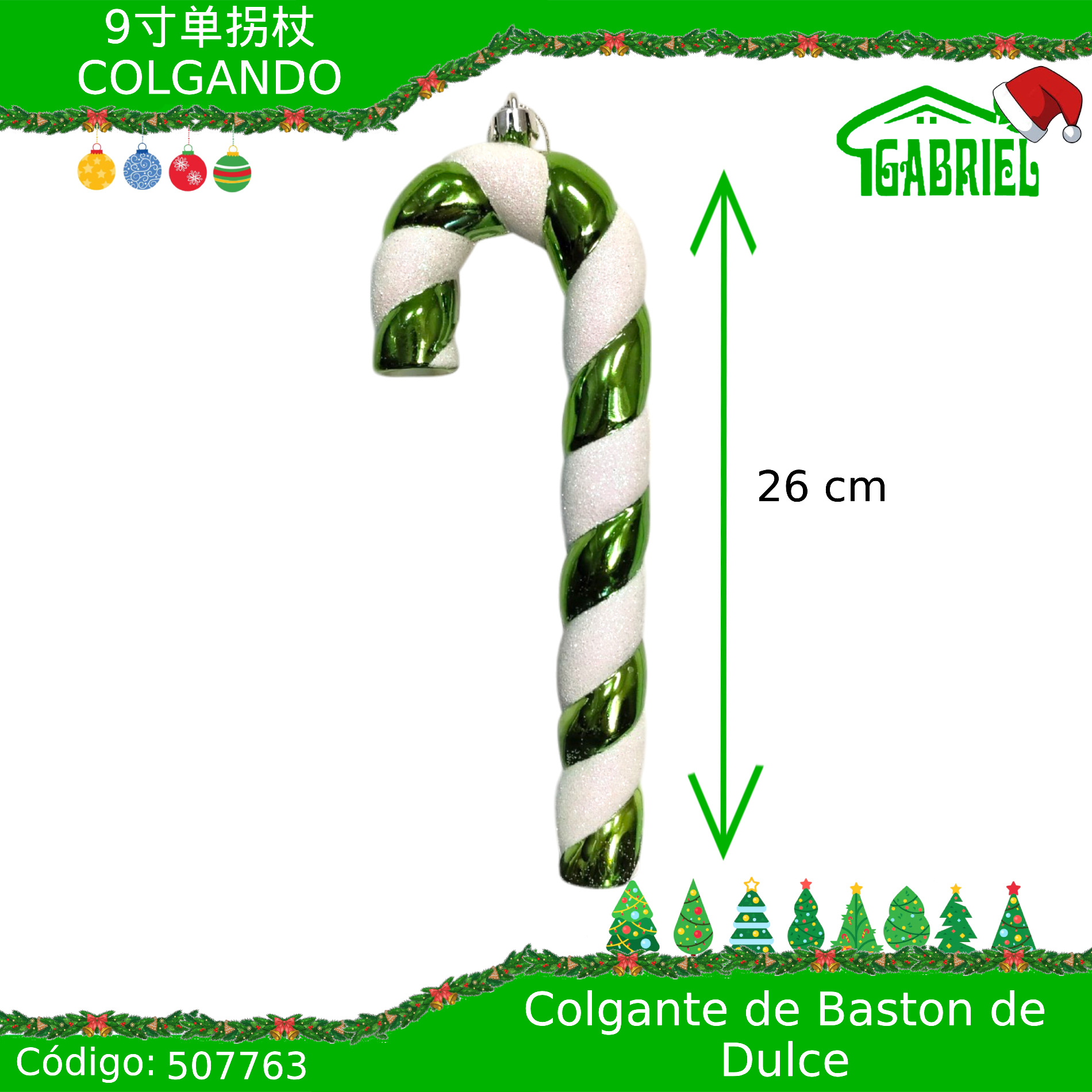 Colgante para Árbol de Navidad – Bastón de Caramelo 26 cm