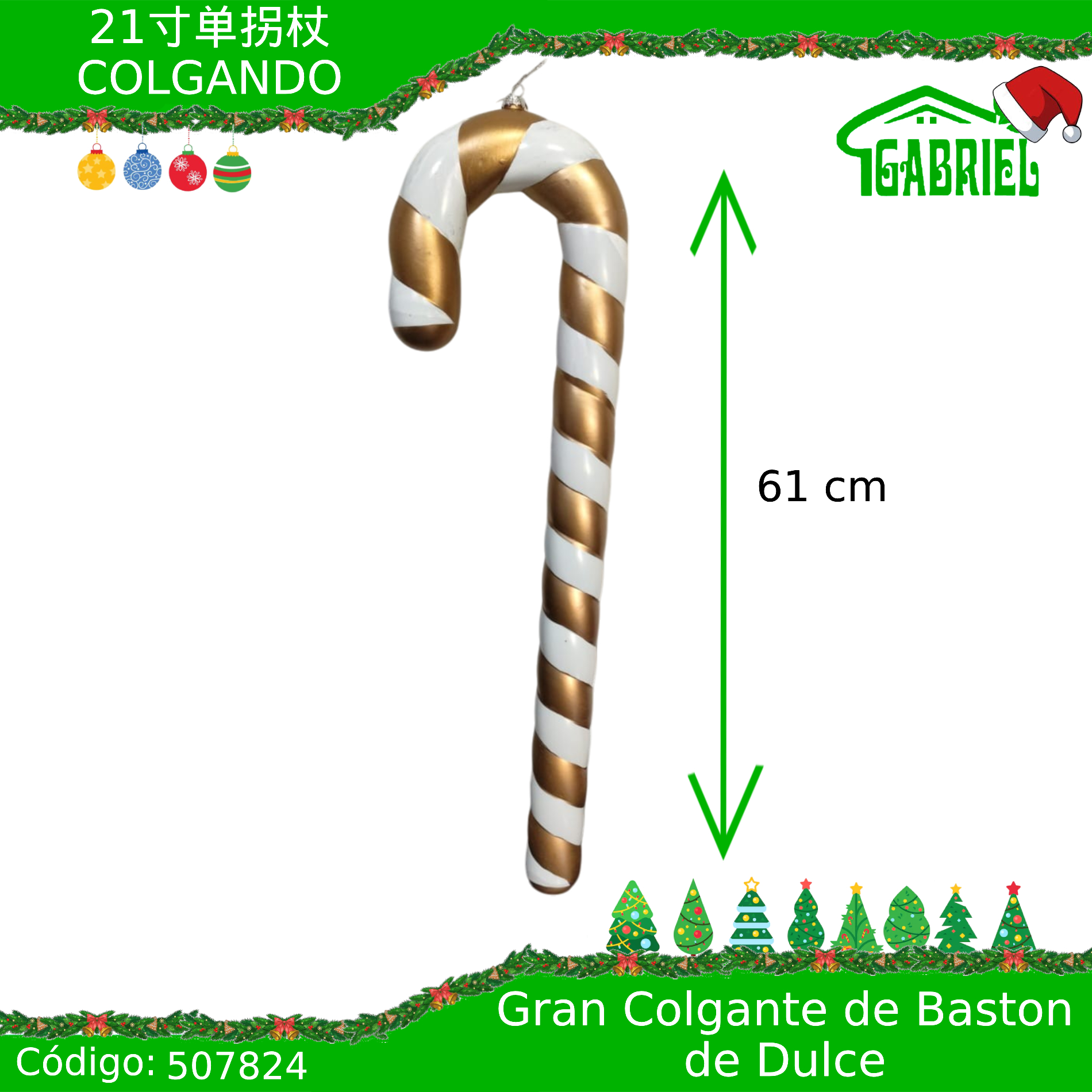 Colgante para Árbol de Navidad – Bastón de Caramelo 60 cm