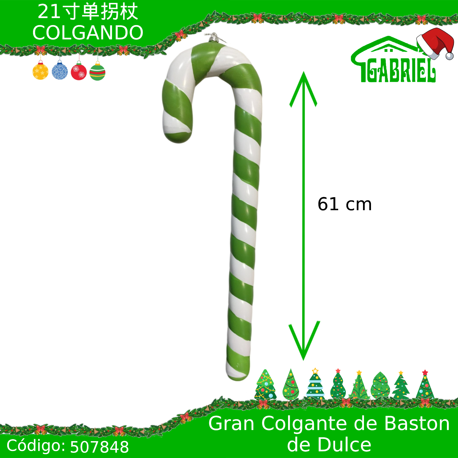 Colgante para Árbol de Navidad – Bastón de Caramelo 60 cm
