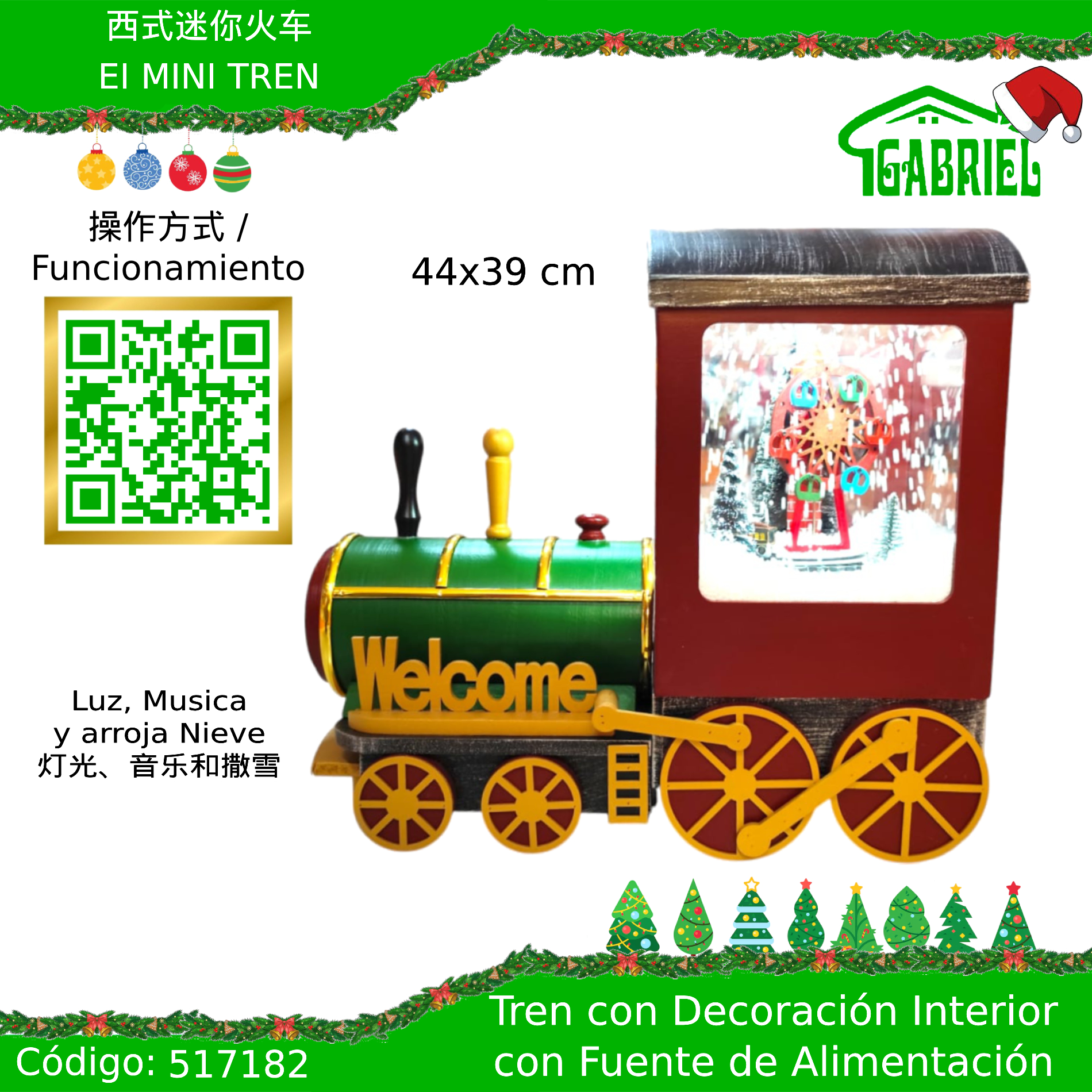 Tren de Navidad con Decoración Interior + Fuente de Alimentación – Luces y Musica