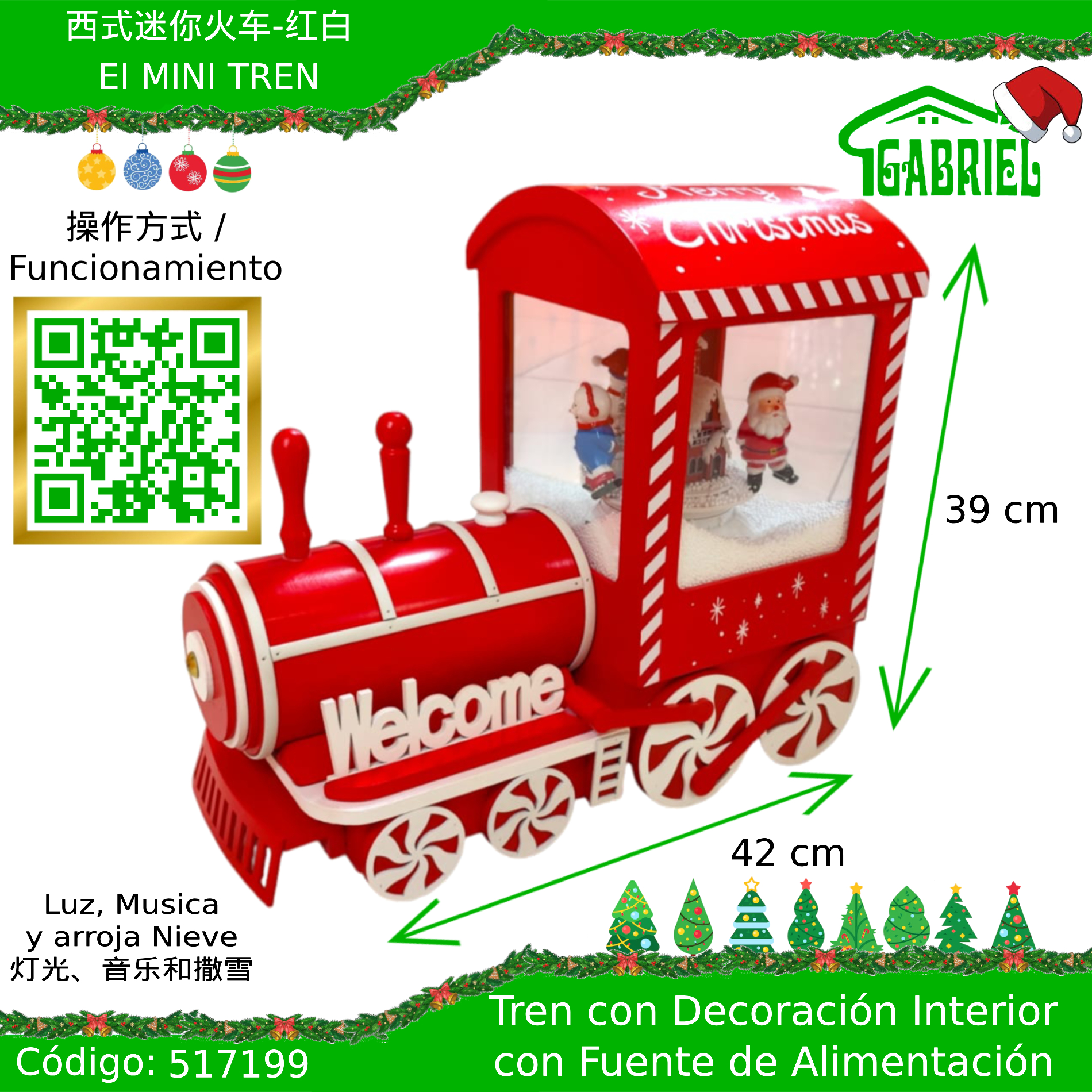 Tren de Navidad con Decoración Interior + Fuente de Alimentación – Luces y Musica
