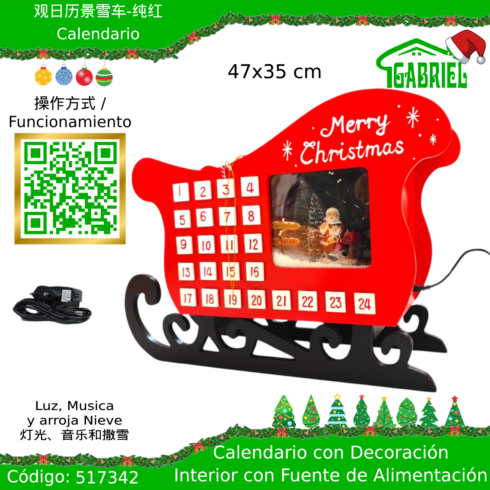Calendario para Navidad con Decoración Interior + Fuente de Alimentación – Luces y Musica