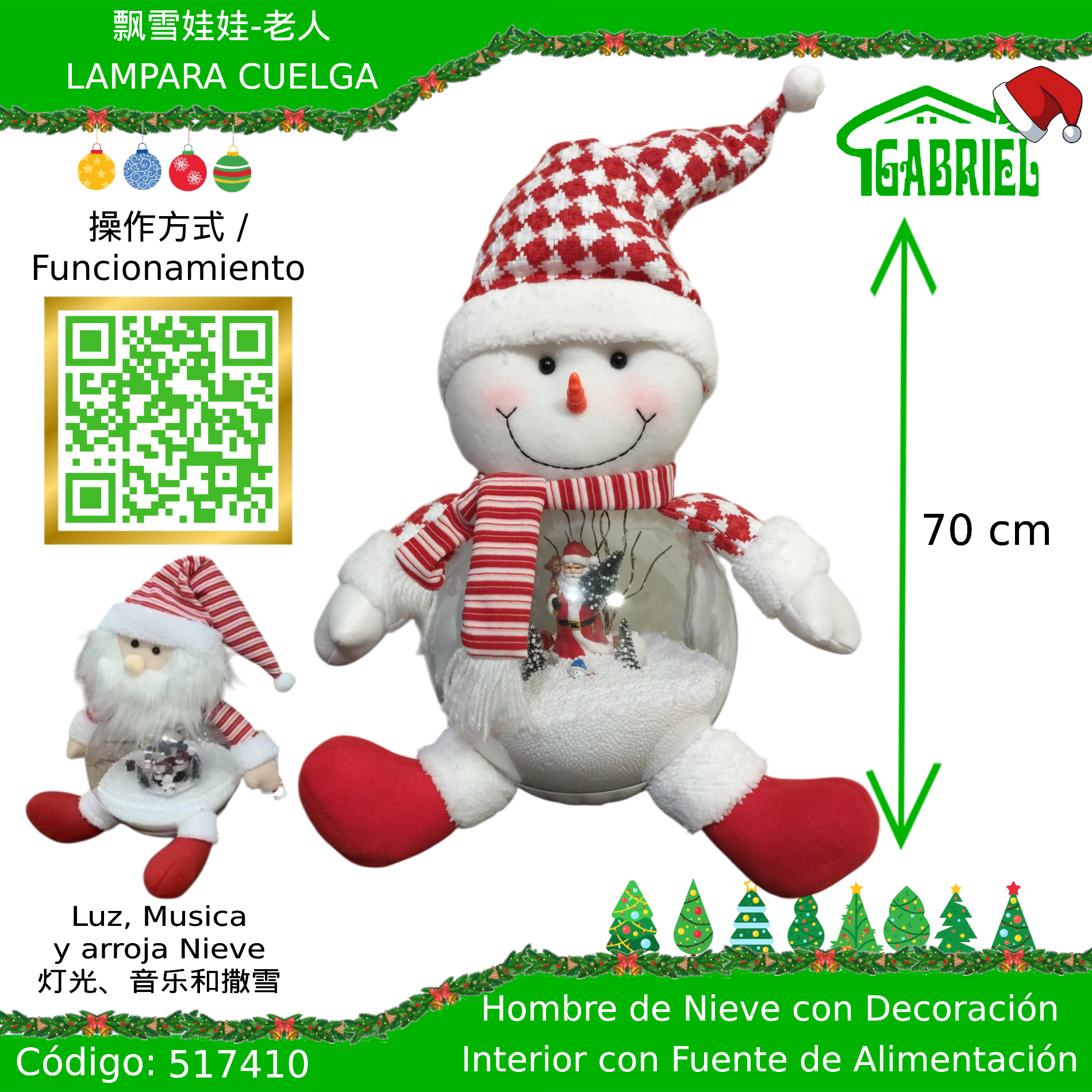 Hombre de Nieve con Decoración Interior + Fuente de Alimentación – Luces y Musica