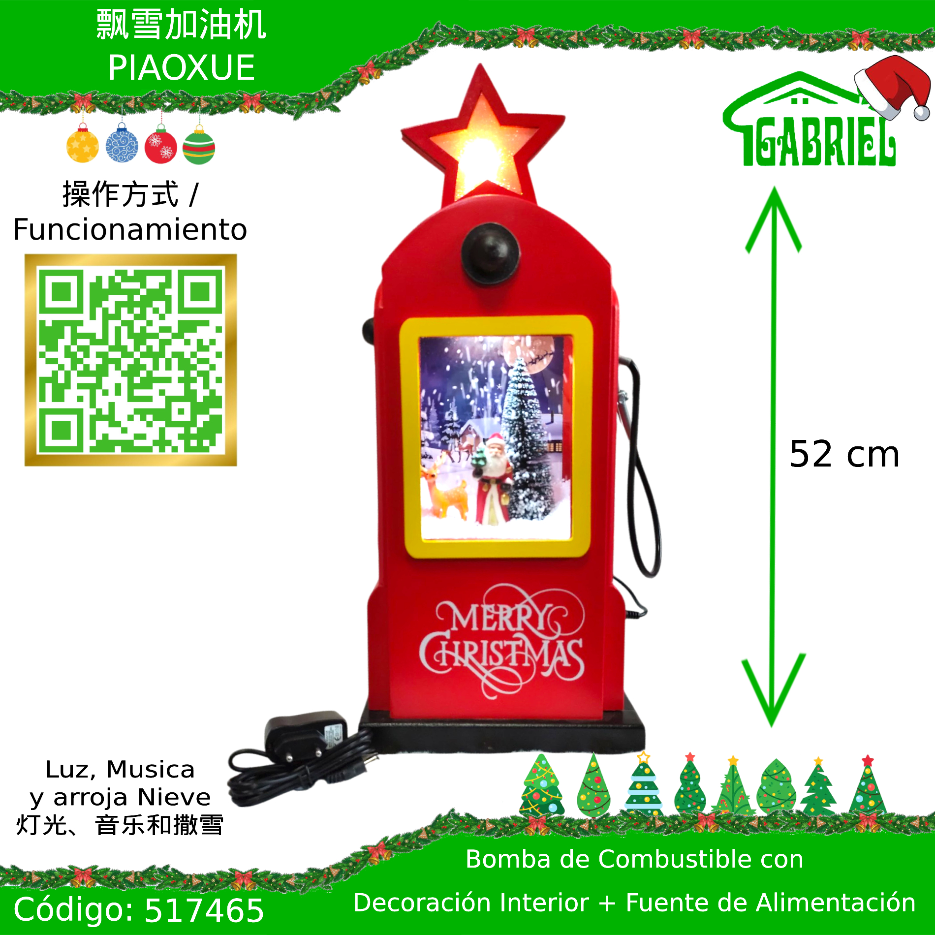 Bencinera de Navidad con Decoración Interior + Fuente de Alimentación – Luces y Musica
