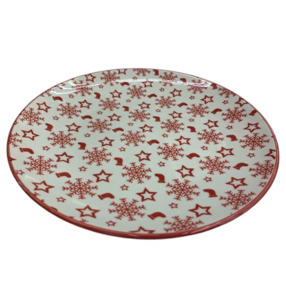 Plato de Porcelana  – Set Platos Navideños Copos y Estrellas Rojas