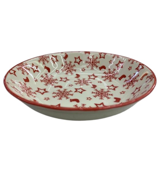 Plato de Porcelana (22cm) – Set Platos Navideños Copos y Estrellas Rojas