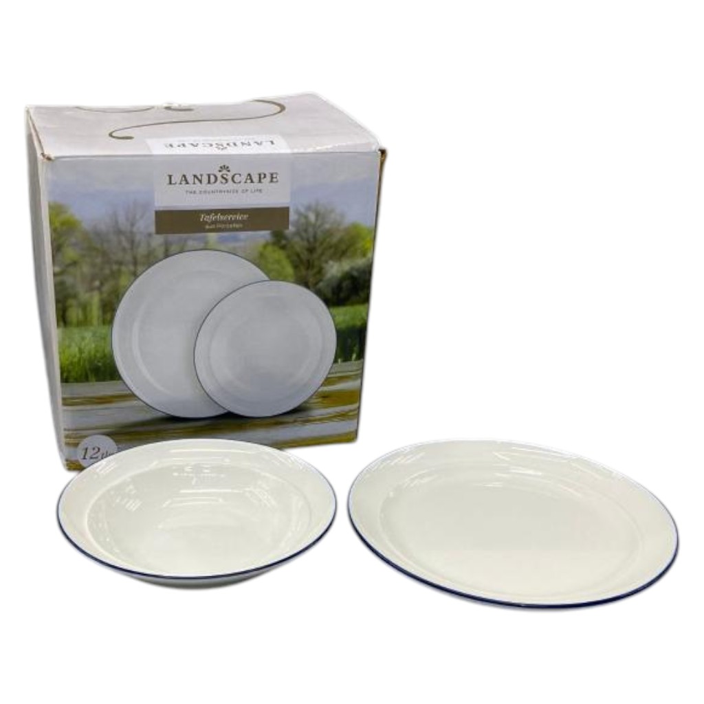 Set de 12 Platos de Cerámica – Blanco con Borde Azul (26×3cm y 21×5cm)