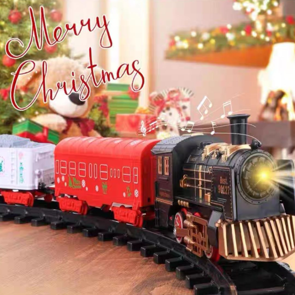 Tren Eléctrico para Árbol de Navidad – Set con Luz y Sonido, Locomotora y Vagones