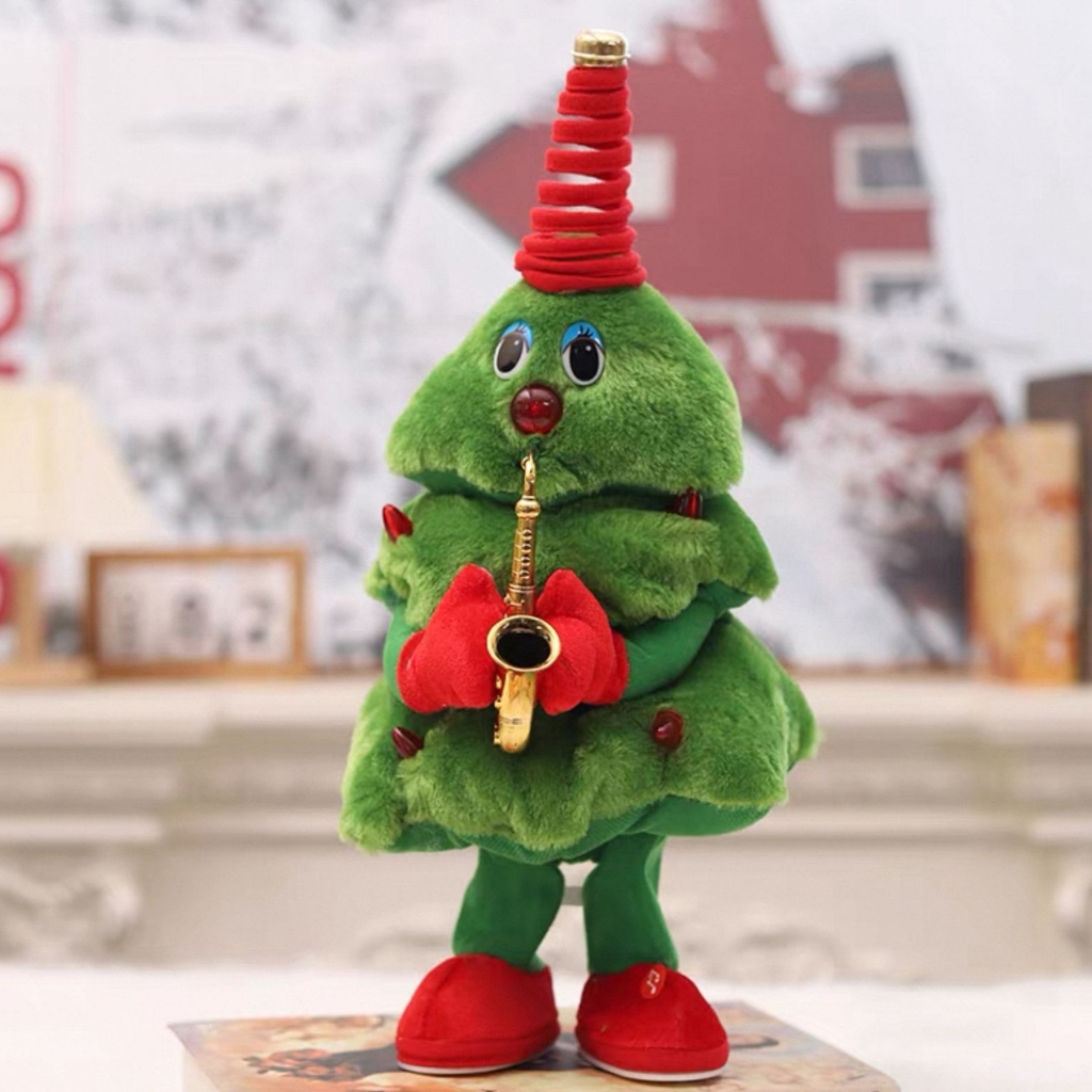 Muñeco Navideño Árbol Musical que Repite la Voz – 2 Modelos Guitarra o Saxofón, Adorno Interactivo
