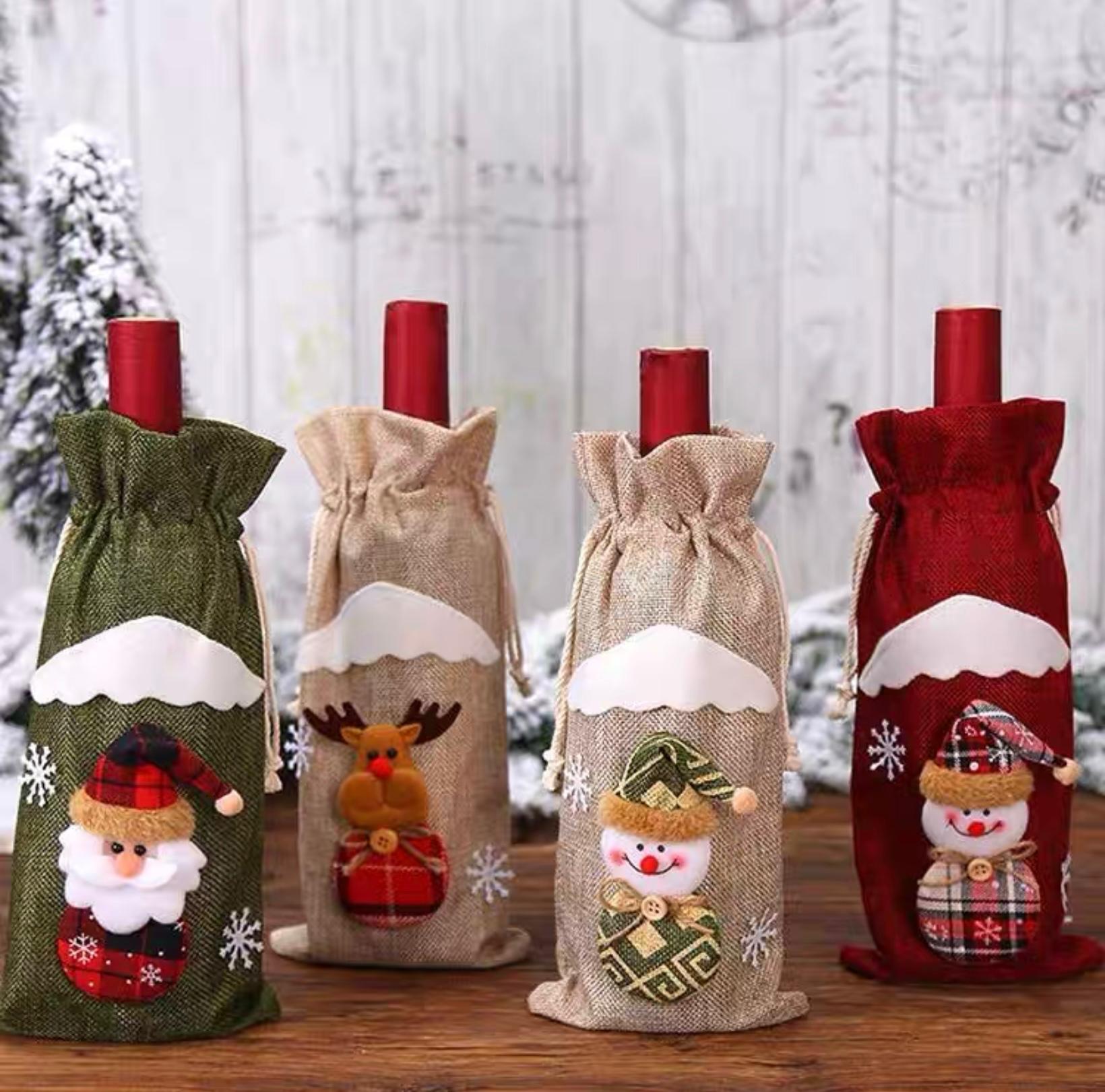 Funda Navideña para Botella de Vino en Yute – Modelos Surtidos con Muñeco (Viejo Pascuero, Reno, Muñeco de Nieve) – Bolsa Decorativa con Cordón