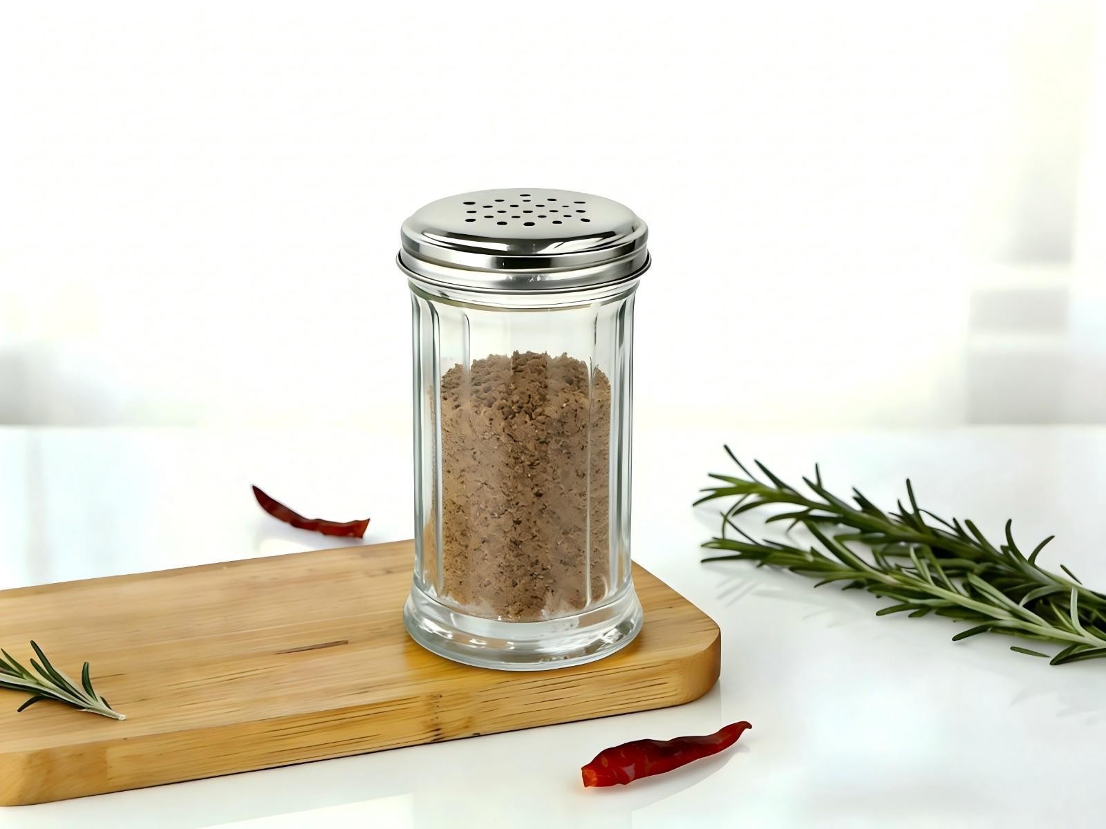 Condimentero de vidrio con tapa perforada de 330 ml