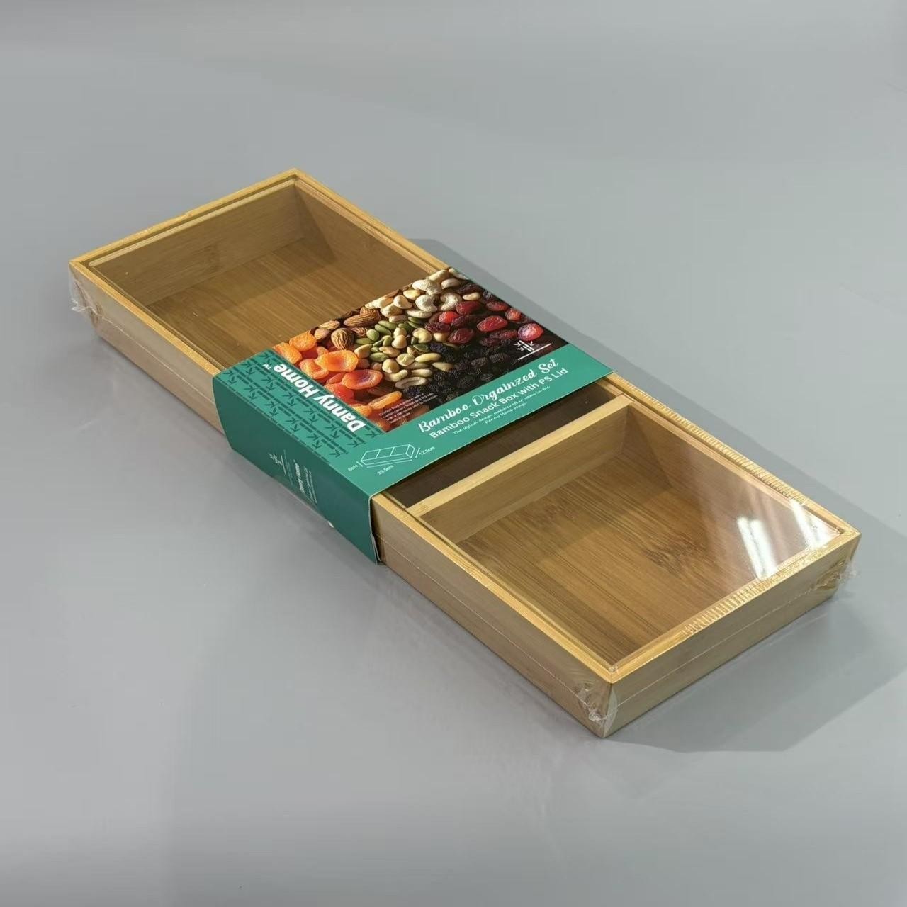 Caja de snacks con tapa y 2 compartimentos de bambú y PS de 33,5 x 12,5 x 6 cm