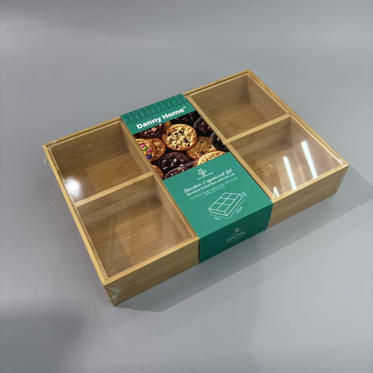 Caja de snacks con tapa y 6 compartimentos de bambú y PS de 33,5 x 23 x 6 cm