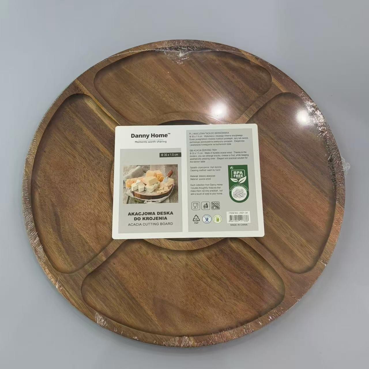 Bandeja redonda de acacia con divisiones de 35 x 1,5 cm