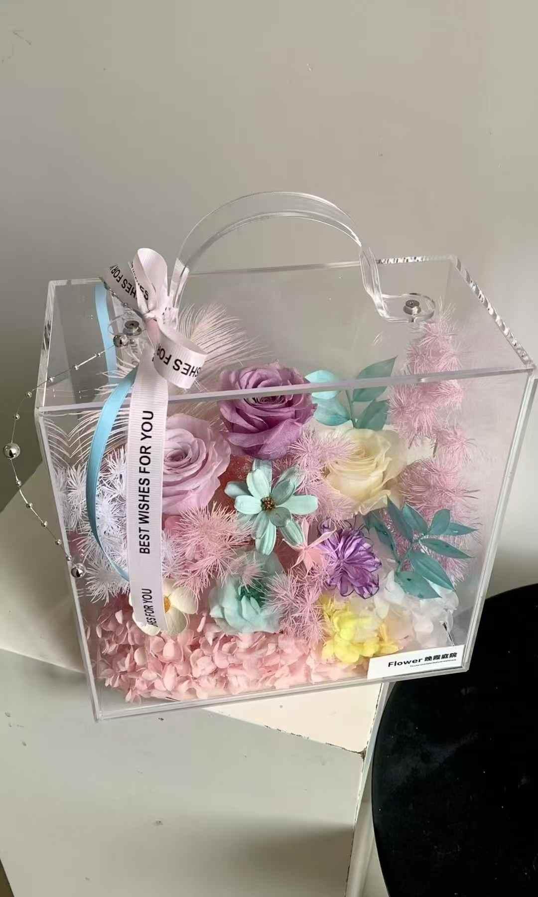 Set de 3 cajas acrílicas para flores con asa