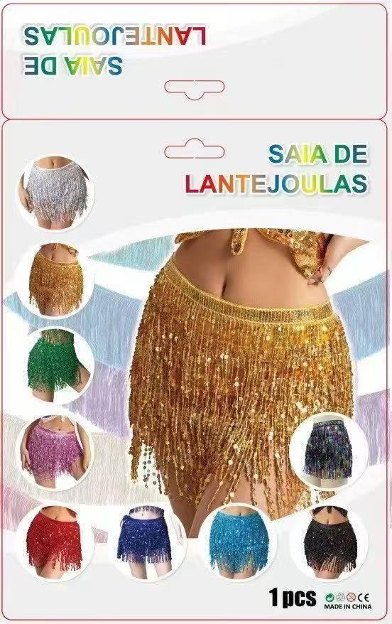 Falda dorada con flecos para disfraces y fiestas