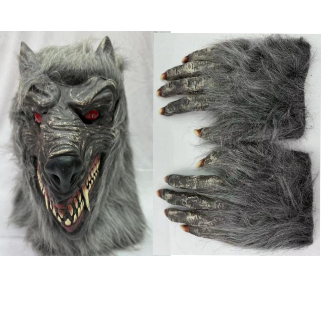 Set de máscara y guantes de hombre lobo con ojos rojos