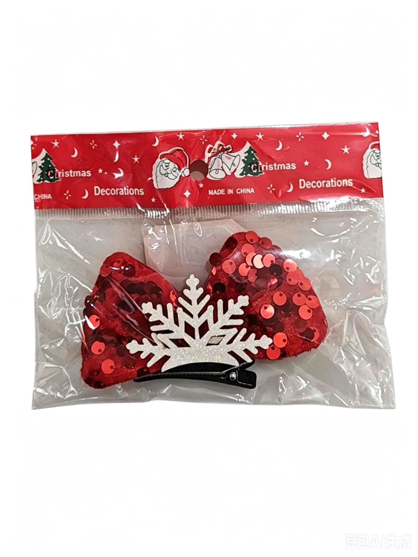 Pinche rojo de lazo con copo y lentejuelas KQ26-373, 10 x 6 cm