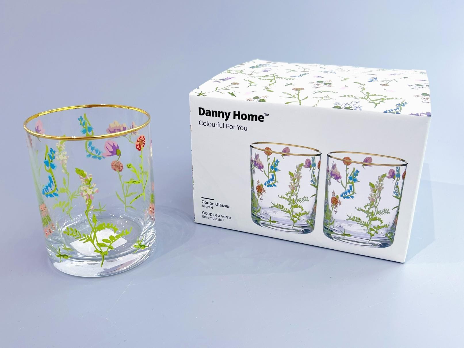 Set de 4 vasos de vidrio con diseño floral de 410 ml