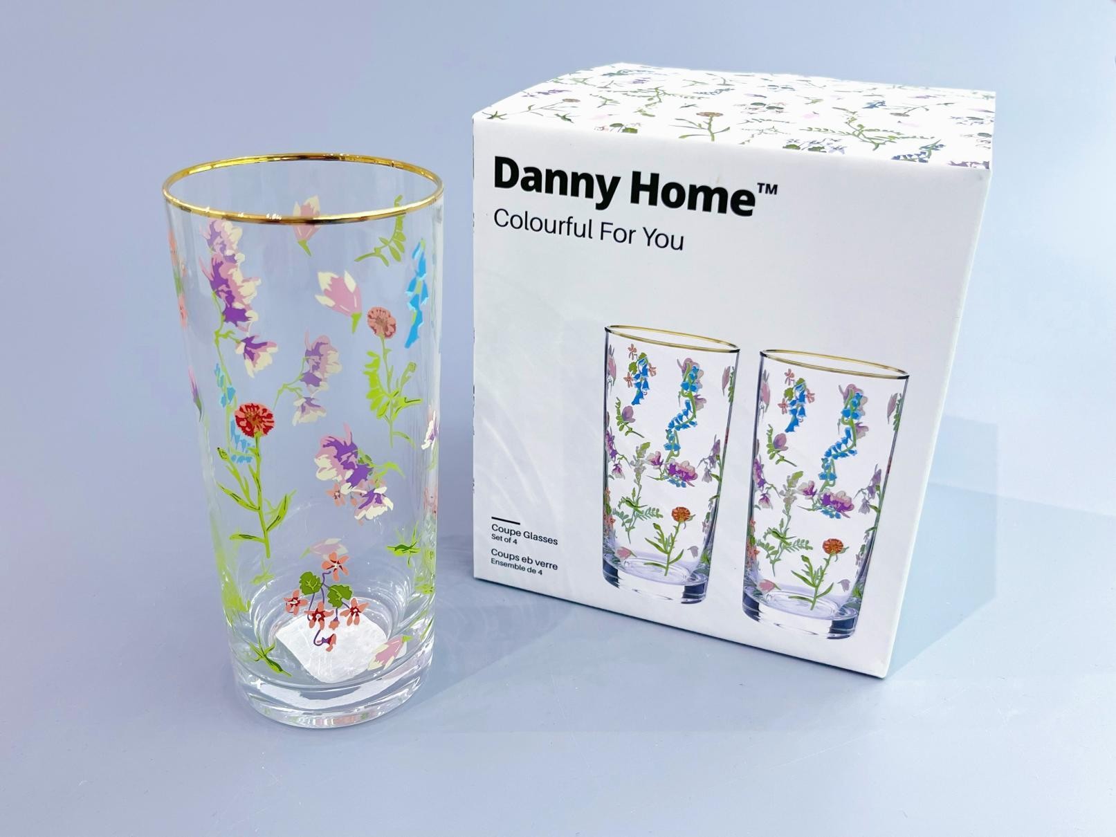 Set de 4 vasos de vidrio con diseño floral de 460 ml