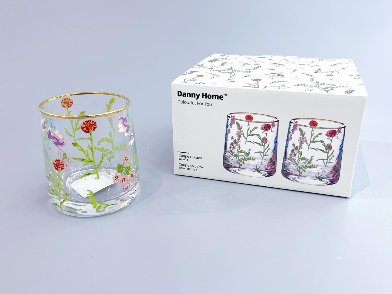 Set de 4 vasos de vidrio con diseño floral de 280 ml