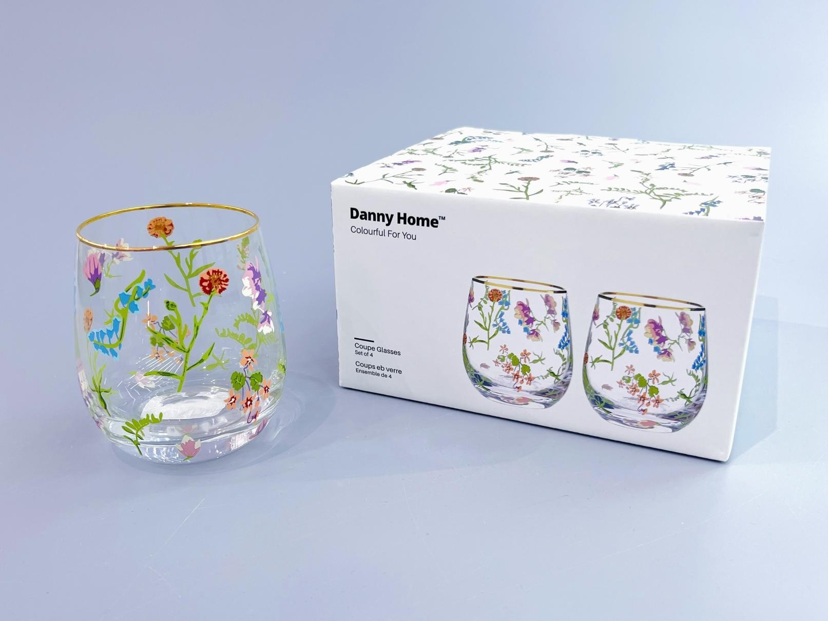 Set de 4 vasos de vidrio con diseño floral de 6,9 x 9,5 x 8,4 cm