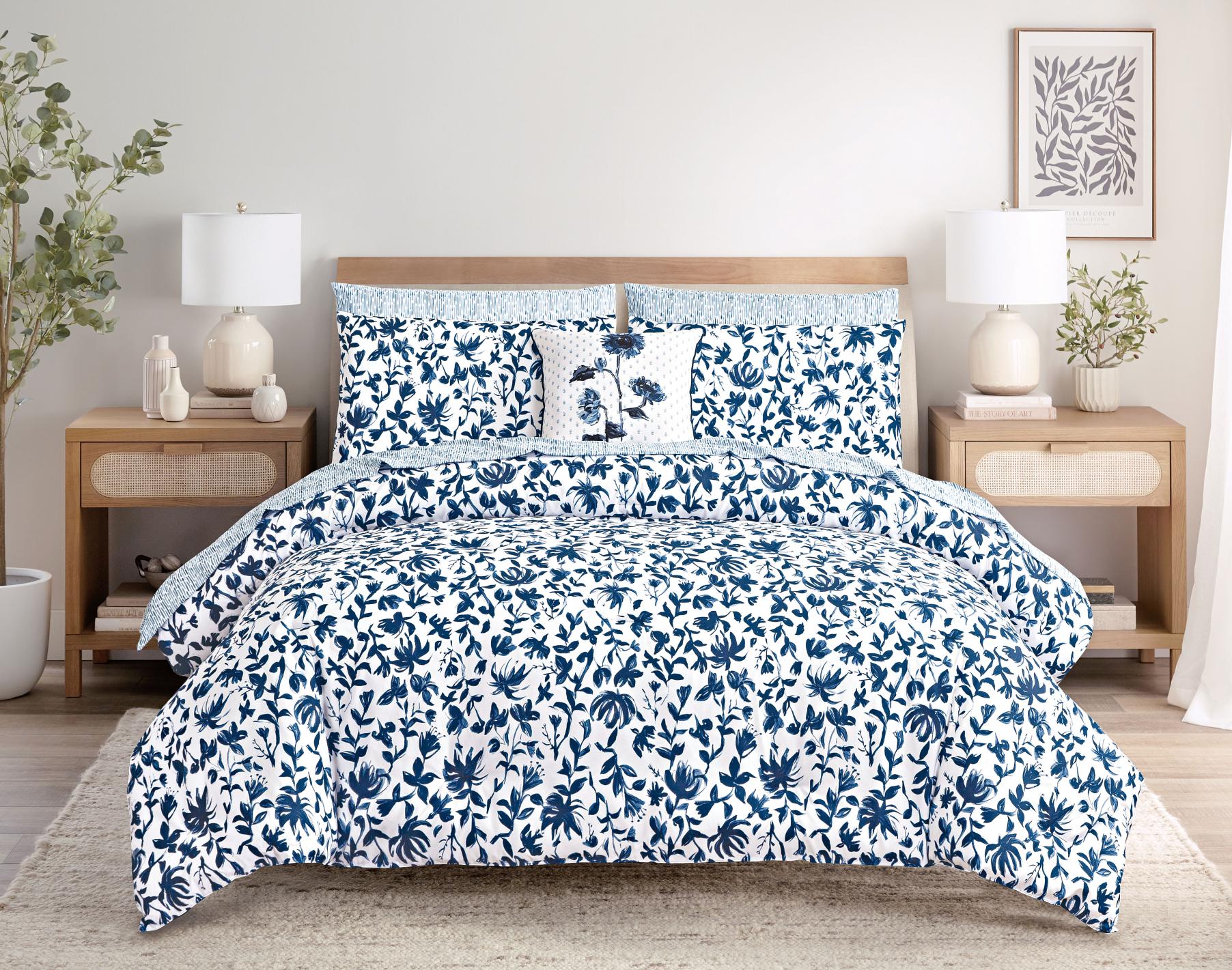 Set de ropa de cama con plumón floral azul de 230 x 220 cm, 8 piezas